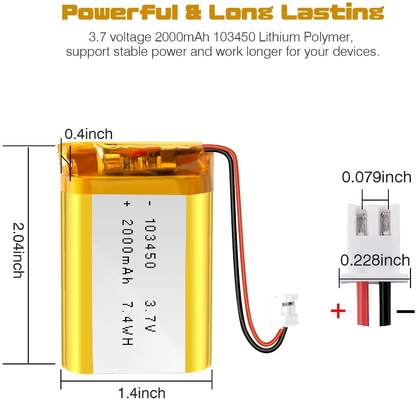 Bateria de íon de lítio recarregável NCM 3,7 V 2000 mAh / Conector de bateria de íon de lítio JST