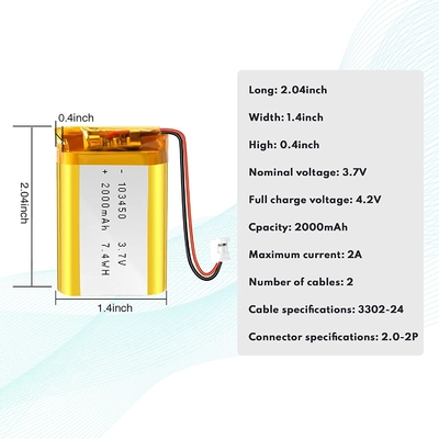 Bateria de íon de lítio recarregável NCM 3,7 V 2000 mAh / Conector de bateria de íon de lítio JST